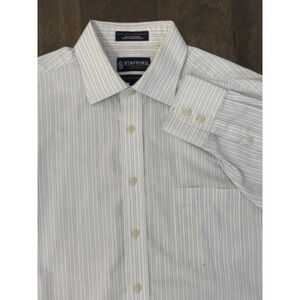 Stafford Signature Men‎ Size 16 Cotton Striped Blue Button Up Broadcloth Shirt